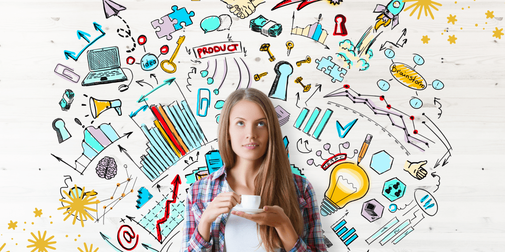 Young white woman with light hair on an idea board deciding to become an artist entrepreneur 