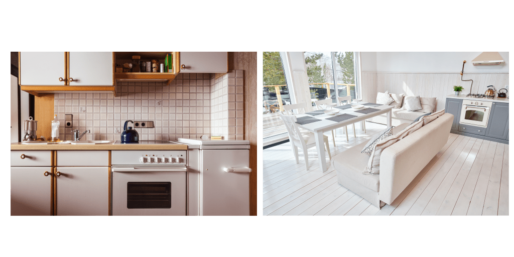 Beautiful kitchens can be made even more gorgeous with artwork. Image of two contrasting kitchen styles, retro and contemporary 