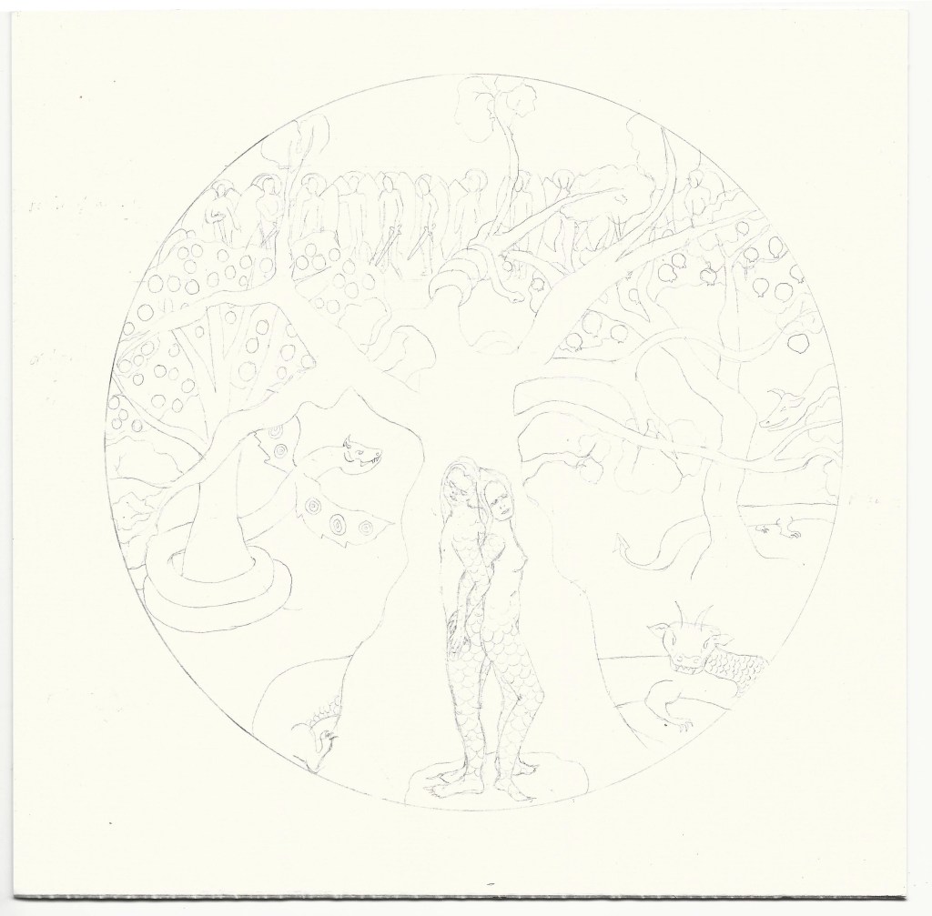 Charlie Kirkham 'The New Creation' pencil drawing artwork of the Garden of Eden with dragons