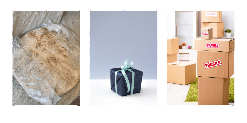 three images of ugly wrapping, gift wrap and fragile boxes 