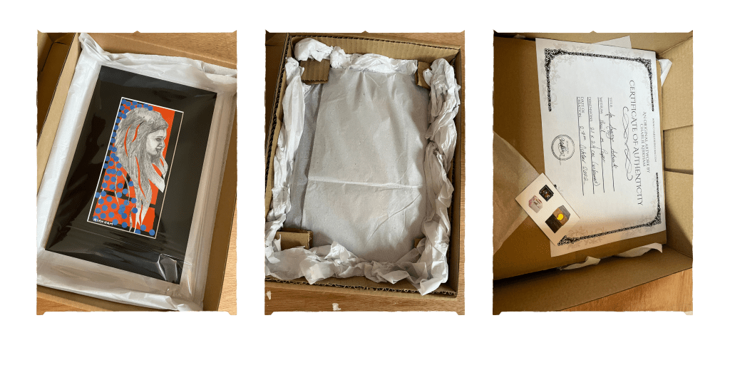 Three images of window mounted and plastic wrapped work inside tissue paper with corner protectors inside box with Certificate of Authenticity and artist business art 