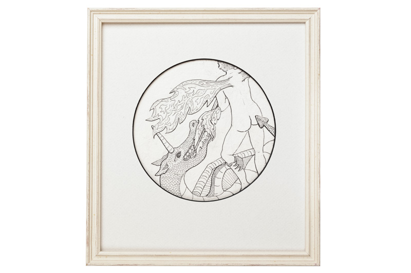 'The Gift of Fire' ink on handmade Two Rivers Paper, 24x27cm (framed), Charlie Kirkham. Original artwork sharing the creative process, facing image