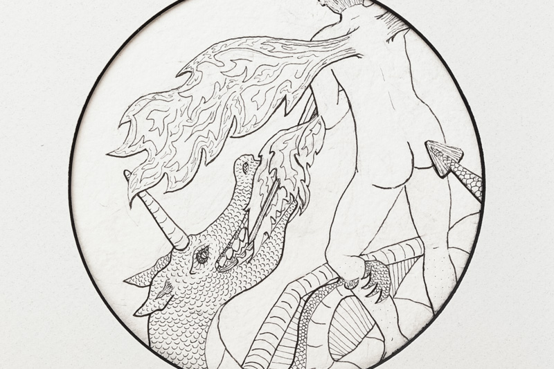 'The Gift of Fire' ink on handmade Two Rivers Paper, 24x27cm (framed), Charlie Kirkham. Original artwork sharing the creative process, zoom image