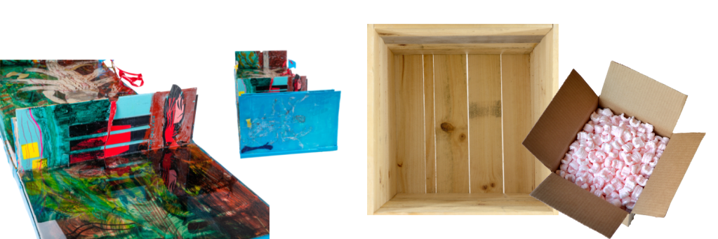 Charlie Kirkham Birth of Briareus in the Forest sculpture plus crate and packing box for sending bespoke artwork to art exhibitions 