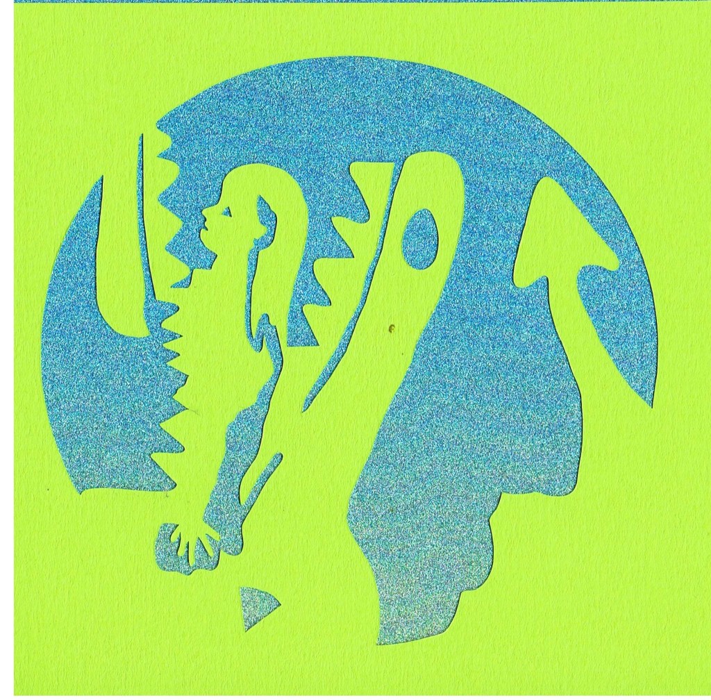 'Margaret Emerging from a Dragon (lime on glitter blue)', 30x30cm Charlie Kirkham