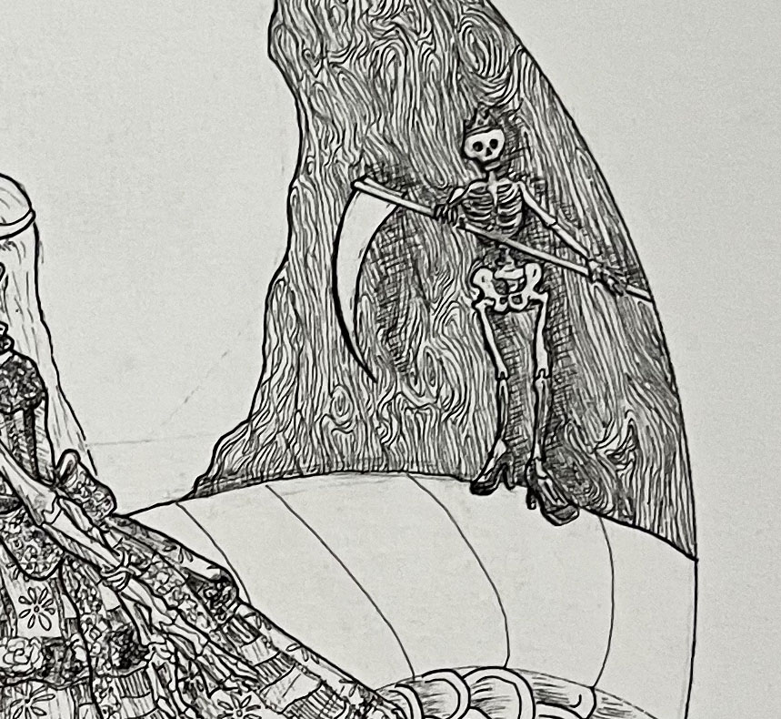 detail of charlie kirkham ink drawing princess and dragon by yew tree 