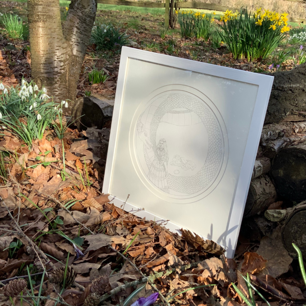 Charlie Kirkham pencil drawing anglo-saxon princess with dragon against a daffodil and woodland backdrop Watt Gallery