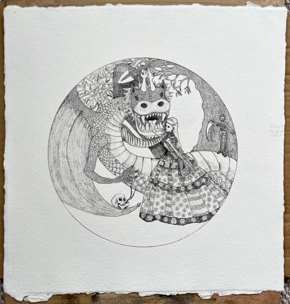 The finished drawing, 'A Dragon Devouring a Princess Next to a Yew Tree', ink on Two Rivers Paper, 40.5x42cm, Charlie Kirkham