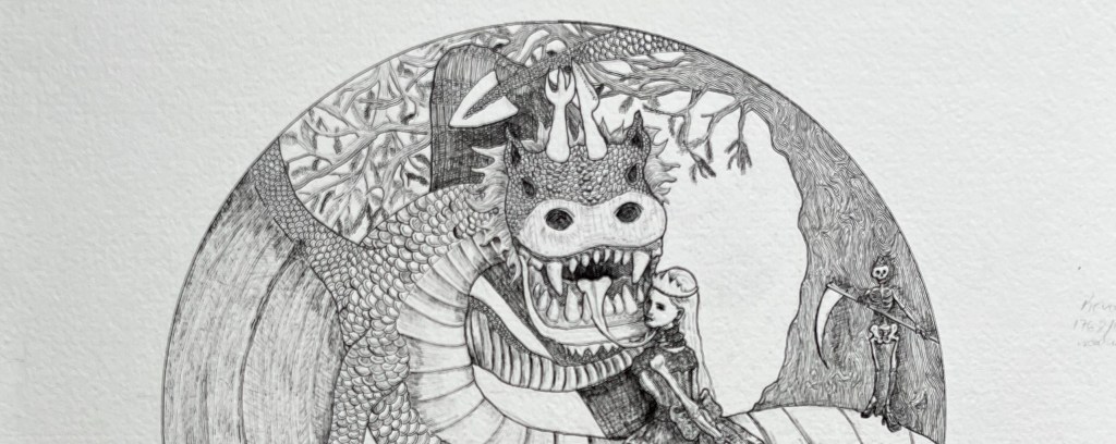 ink drawing of princess and dragon by charlie kirkham