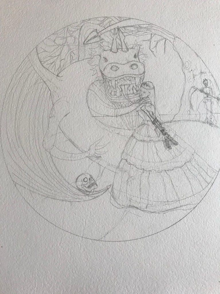 process drawing in pencil by charlie kirkham princess dragon skull yew tree