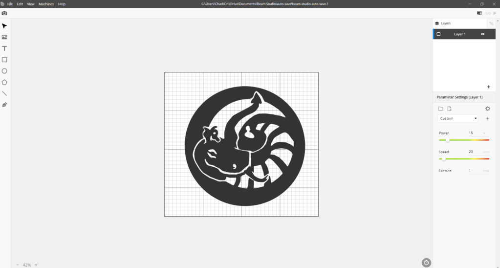 SVG file imported into Beam Studio Flux learning to laser cut STEAMhouse Birmingham production space Charlie Kirkham