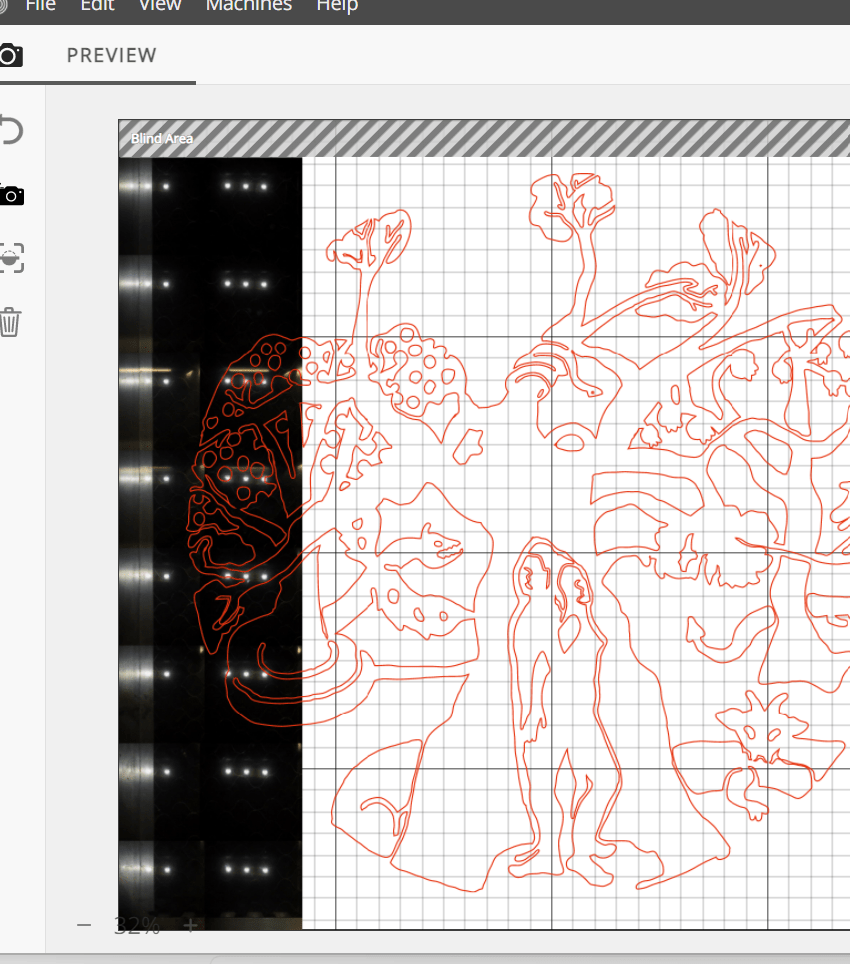 Charlie Kirkham design detail in Beam Flux Laser Cutter studio software showing black acrylic sheet on laser cutter bed at STEAMhouse Production Space