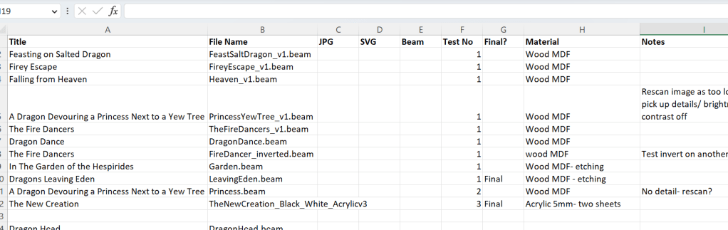Getting oragnised with an example excel spreadsheet for the sketch to acrylic cut process for charlie kirkham