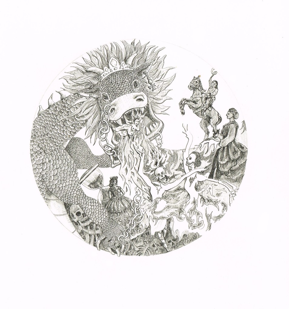 'The Fire Dancers', ink on paper, 30x27cm Charlie Kirkham