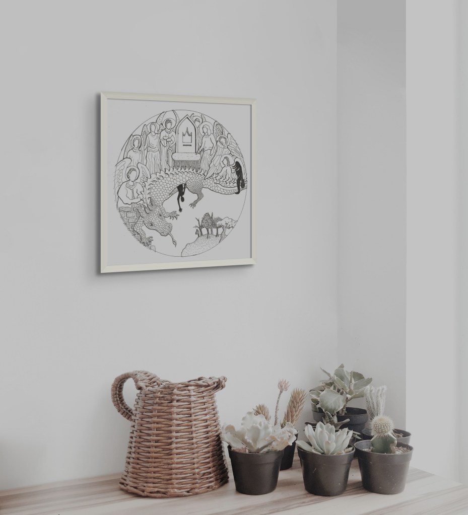 Charlie Kirkham ink drawing "Heaven Sends a Dragon", 28x27cm (framed), 2022. 