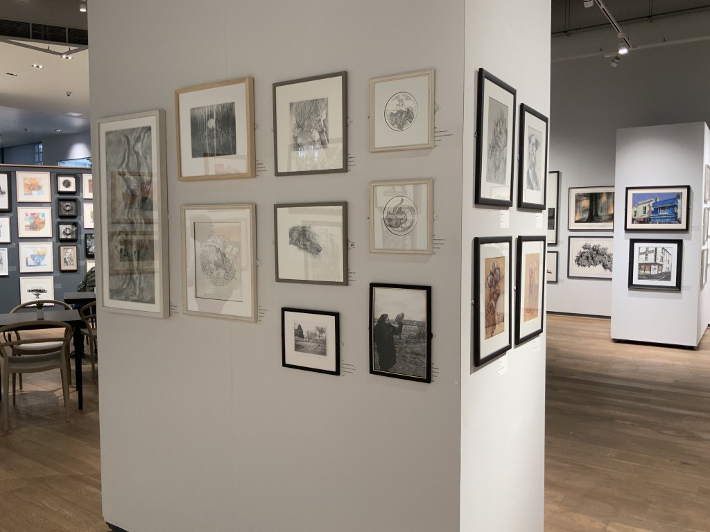 Charlie Kirkham ink drawings at The Mall Galleries, London, 2022.