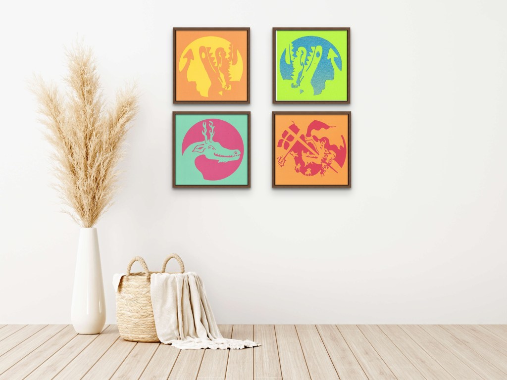 Charlie Kirkham papercuts, two layer paper, all 30 cm (unframed). "Margaret Emerging from a Dragon (Orange on Yellow)","Margaret Emerging from a Dragon (Lime on Glitter Ombre)", "Dragon Head (Green on Pink)", "The Final Fight (Orange on Red)".