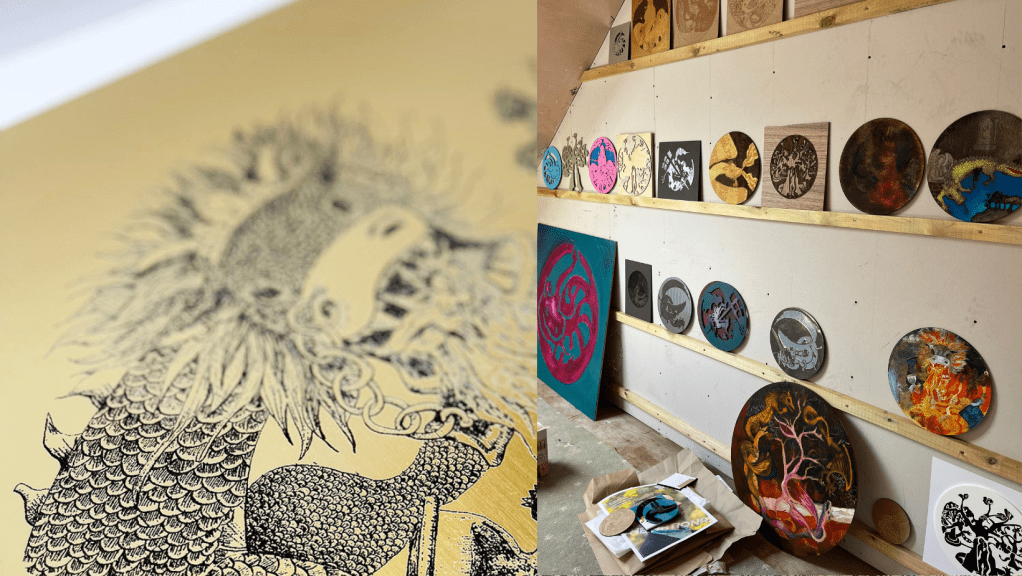 Selection of laser engraved works in artist studio of Charlie Kirkham
