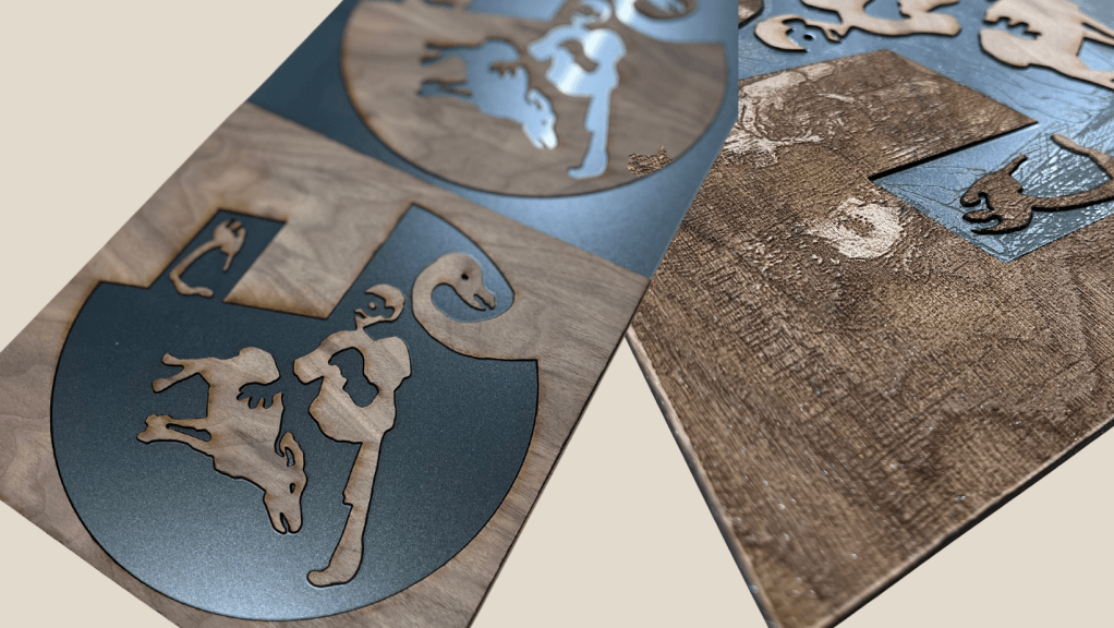 
Left: the inlays before re-engraving the surface. Right: adding engraving gives the final works more texture and visual interest. Design 'the last sheep' 'the villagers decided' drawings by charlie kirkham