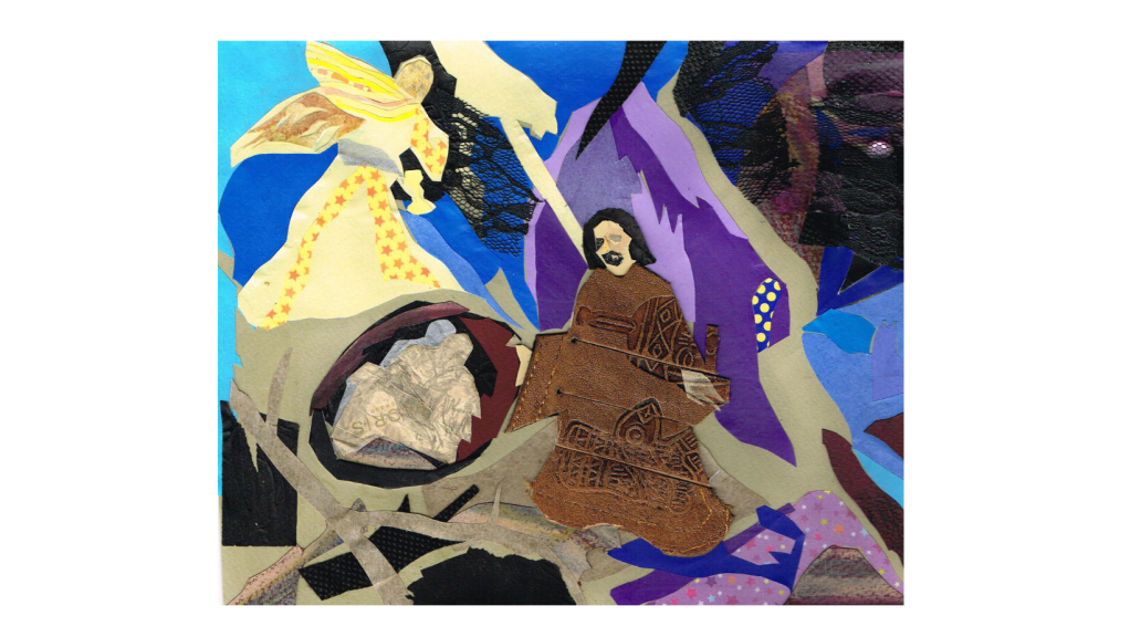 'Agony in the Garden' after El Greco collage used guillotine cut strips of paper, hand cut fabric and paper and torn tissue papers. The black lace was the hardest to place as it needed to be soaked in varnish to sit flat on the paper. Charlie Kirkham collage based on el greco painting showing Jesus before an angel in the garden of gethsemane