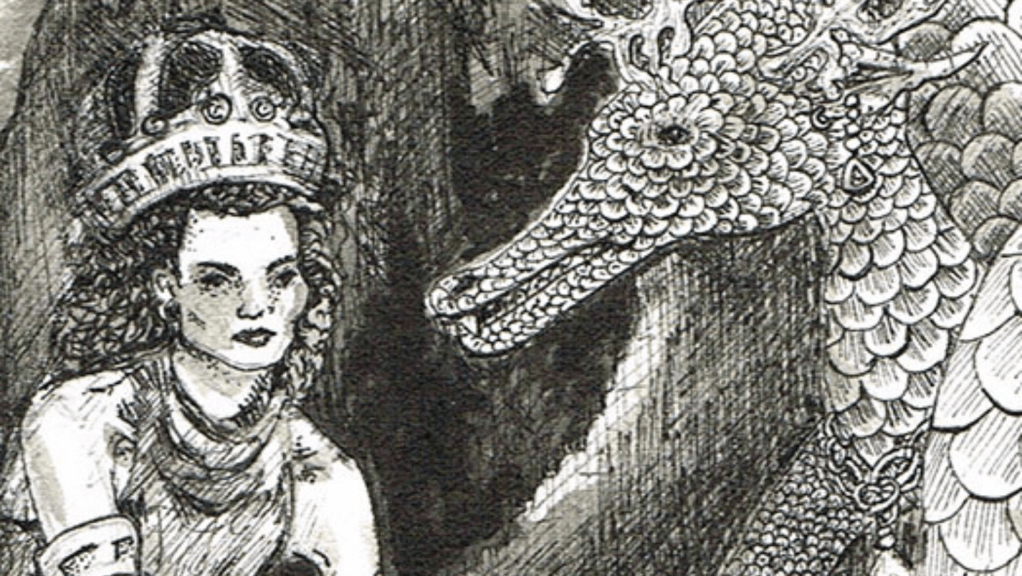 Detail from "Andromeda and Dragon in a Cave", ink on rag paper, 25x26cm, Charlie Kirkham 2023