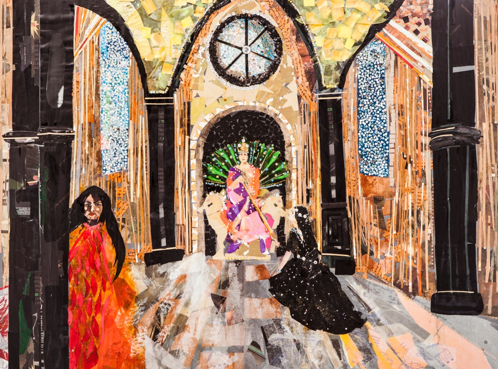 In a moment of total madness in 2014 I decided to create a 4ft wide collage canvas depicting three of my friends as King Ahasverus, Queen Esther and an angel…it took over three years to complete! You can imagine how glad I was that the canvas was strong enough to hold it. Charlie Kirkham 'Esther before Ahasverus' collage on canvas, 120x70cm.