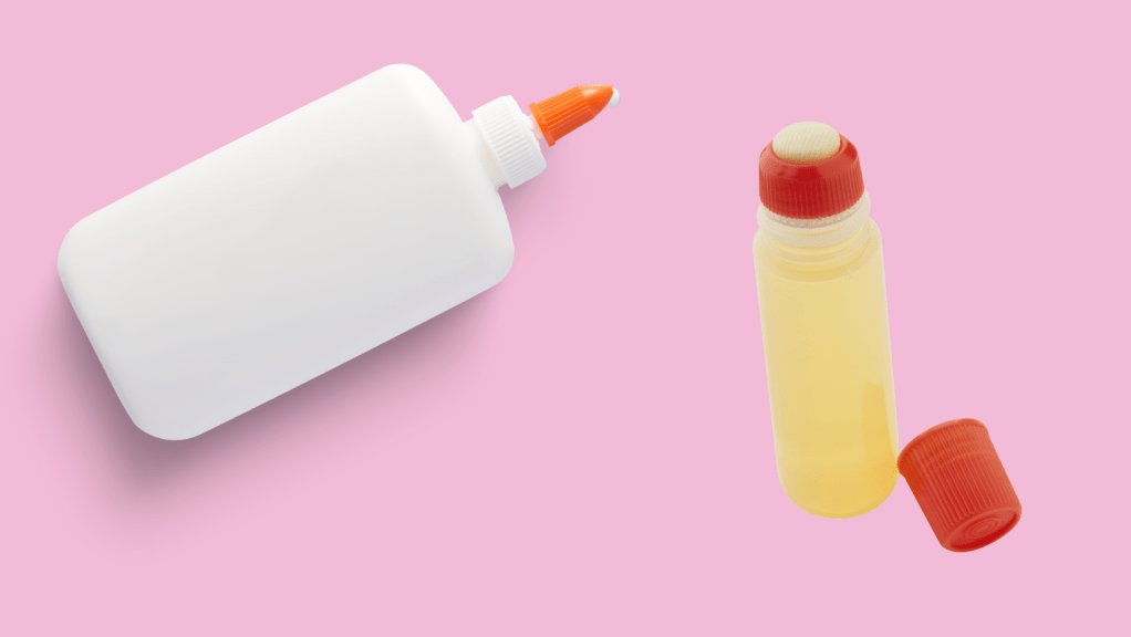 Glue for collage paper work, two types of glue shown on pink background. Artwork needs good glue that will not yellow or peel. Glues that peel or yellow won't last well, choosing the right glue will ensure your artwork looks more professional and help its longevity.