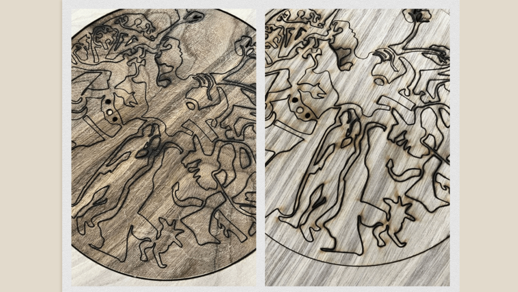 Engraved American Black Walnut verses cut only. The grain is darker on the left but the drawing is impossible to see, the right keeps the texture of the grain with scorch around the cut lines. Artist laser engraving of two figures in Garden of Eden
