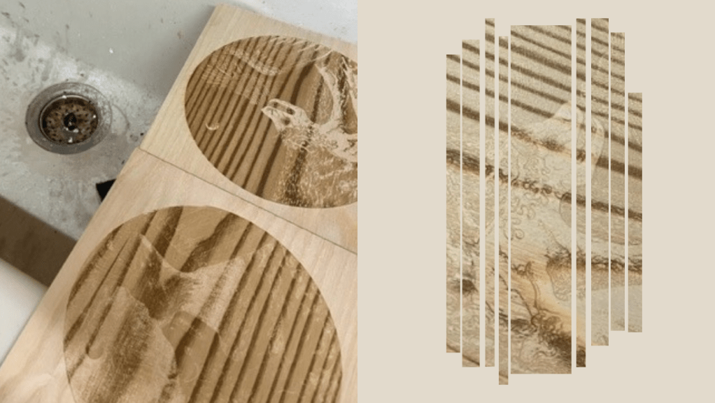 Laser engraved Ash veneer using the standard wood engraving settings of P20, S150 on regular and invert versions of the same drawing. The grain creates strong dividing lines across the drawing. 'Meeting at the Surface' by Charlie Kirkham