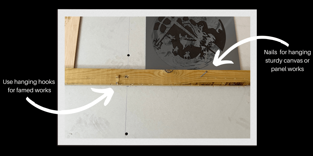 Art studio hanging and storage system  with hanging hook and nail to affix pictures