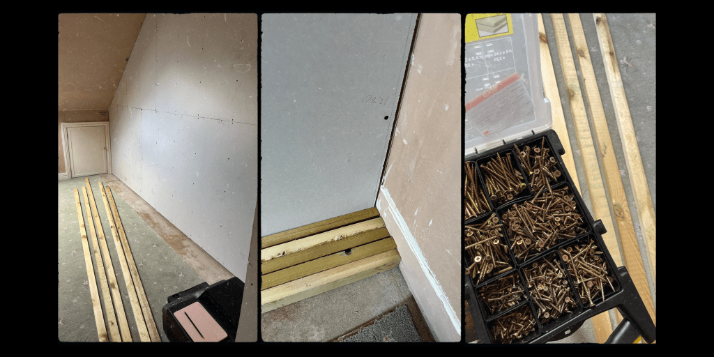 Art studio hanging and storage system: 2x1" wooden battens, screws in assorted sizes and a bare wall with restricted height and a cupboard door