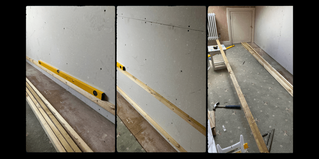 Art studio hanging and storage system battens 2x1" in a line, spirit level checking on wall and small table for cutting down to size