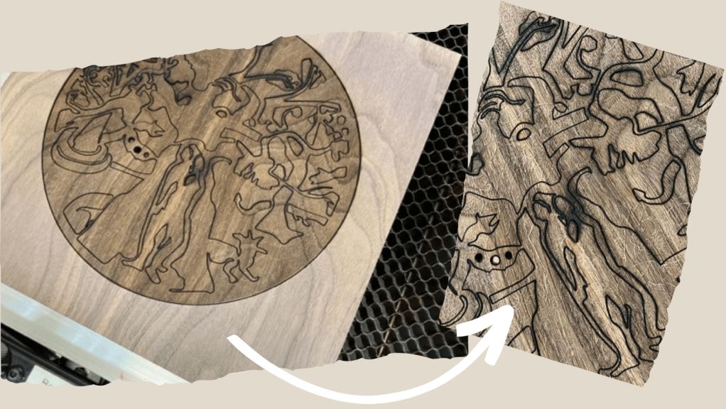 Laser engraved black walnut wood grain drawing of two people cut out by charlie kirkham