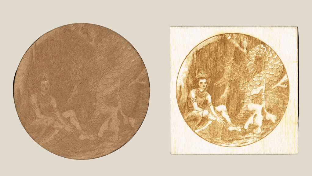 'Andromeda and Dragon in a Cave' laser engraved onto MDF (left) and Oak (right), both using identical settings on the same laser machine. Two wooden art engraved pieces by Charlie Kirkham depicting a princess in a cave with a dragon
