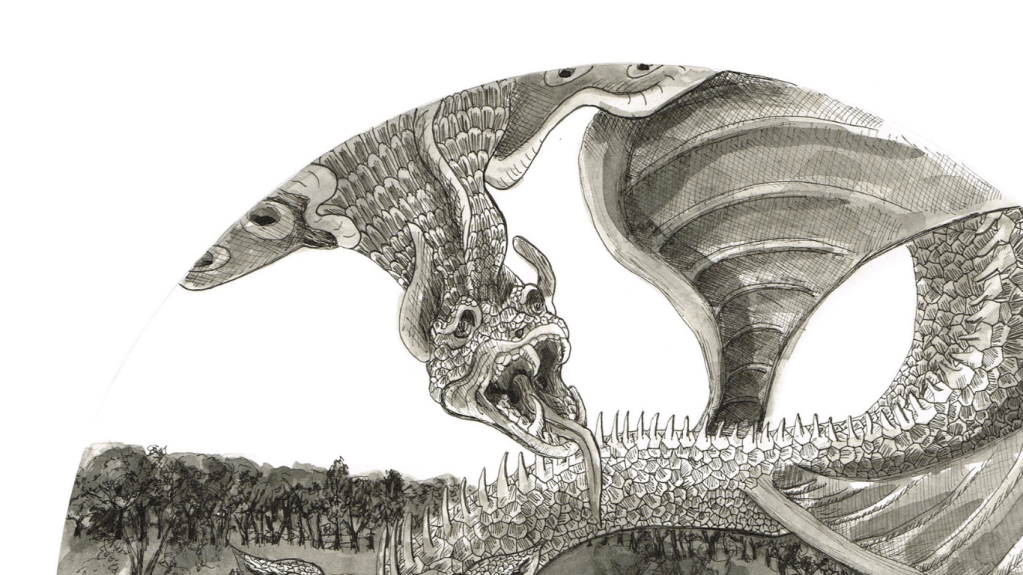 my take on the Uccello Dragon (detail from Charlie Kirkham 'Four Rivers of Eden', ink on paper, 2023)