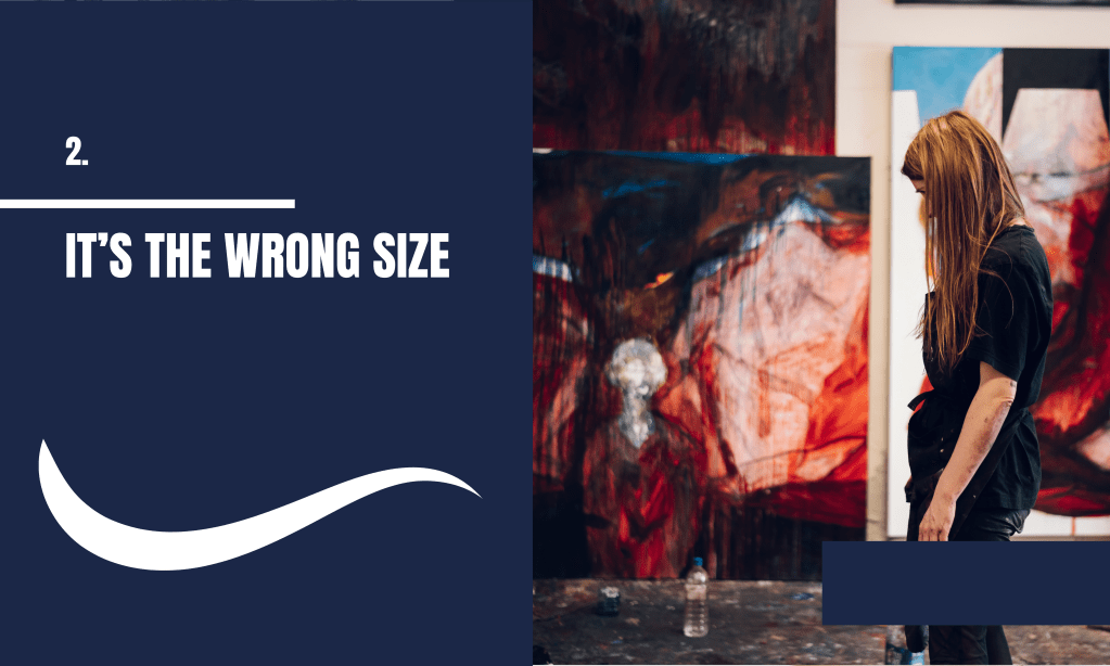 It's the wrong size, artwork too big for art show, woman looking at 'The Scream' inspired red artworks on wall