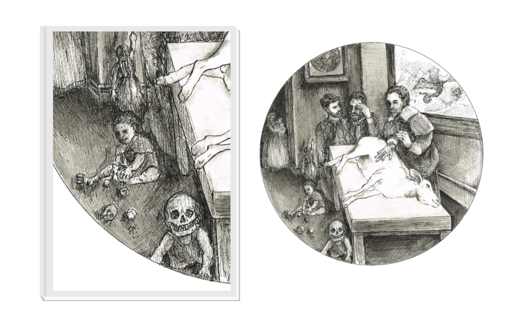 Detail showing the children playing with skull toys and a skull headed child playing in the foreground, from 'The Villagers Decide' by artist Charlie Kirkham
