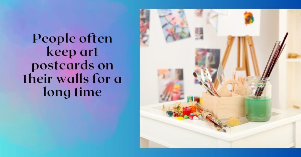 people often keep art postcards like here where they are all over backwall behind easel