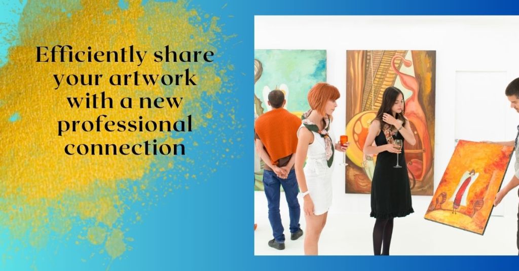 glamourous art show with male artist showing orange portrait to female viewers. Modern figurative art, making professional art connections