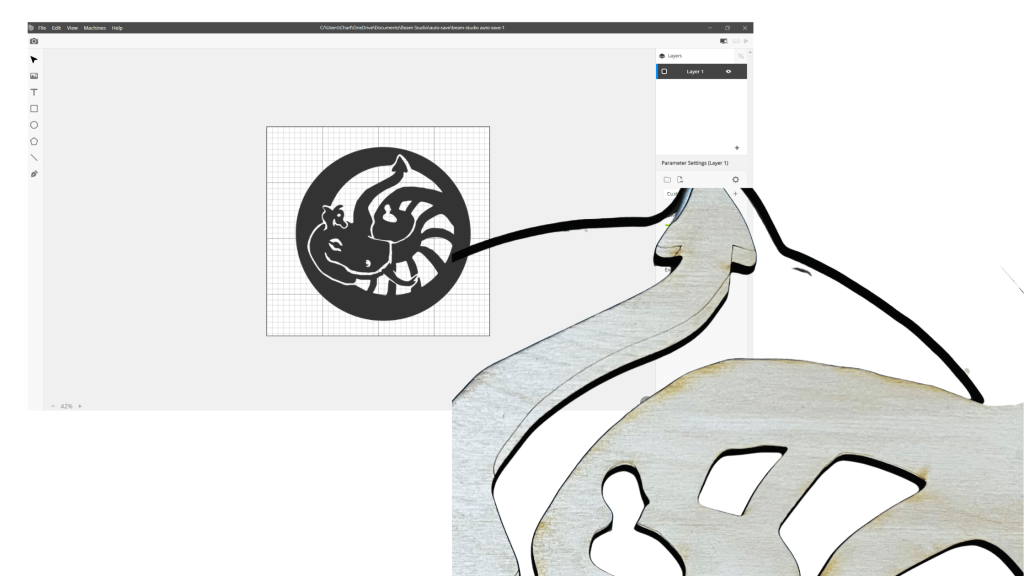 charlie kirkham design art into laser cut showing wooden laser cut and screen shot from beam studio