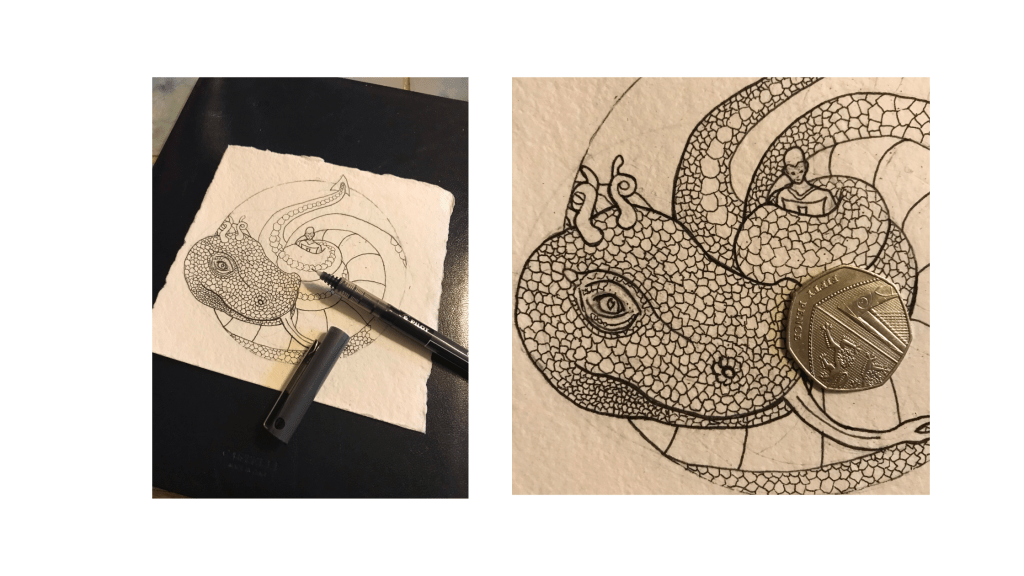 coiling st george drawing by charlie kirkham with a black ink pen and a 50 pence piece for scale