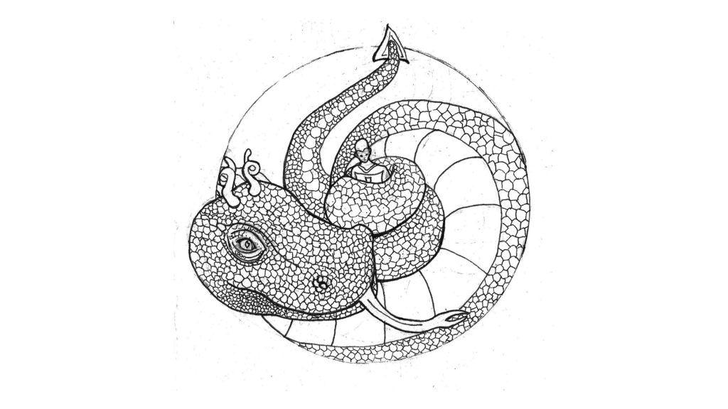 Charlie Kirkham coiling st george ink drawing