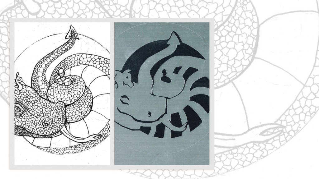 laser engraving and ink drawing of coiling saint george by charlie kirkham