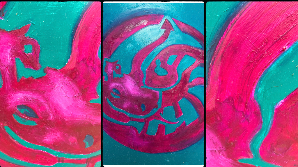 CHarlie kirkham artist oil painting with details of coiling dragon