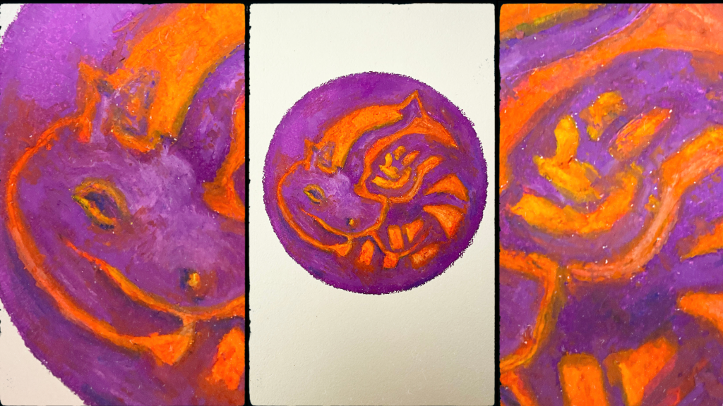 oil pastel by charlie kirkham of a coiled dragon holding saint george on rag paper art 