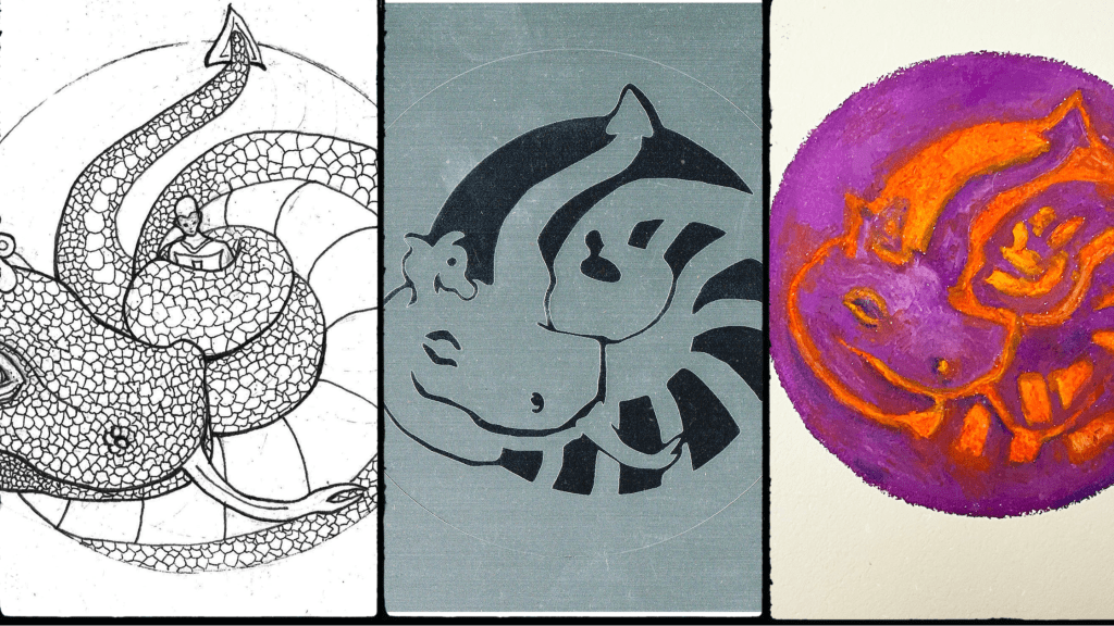ink drawing, laser etching and oil pastel versions of coiled dragon by artist charlie kirkham