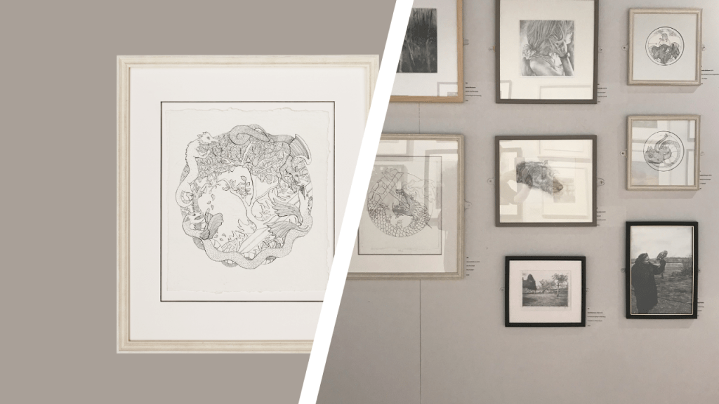 Left: Charlie Kirkham framed image shot with glass removed (photo by Fraction Photography) Right: to compare the same series and frames with the glass in (Mall Galleries, 2022, photo by Charlie Kirkham).