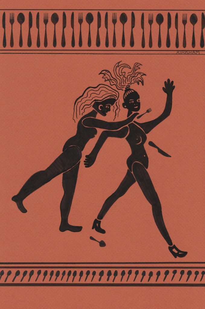 Dice chases Adicia with a Knife and Fork artwork sketch by artist Charlie Kirkham
