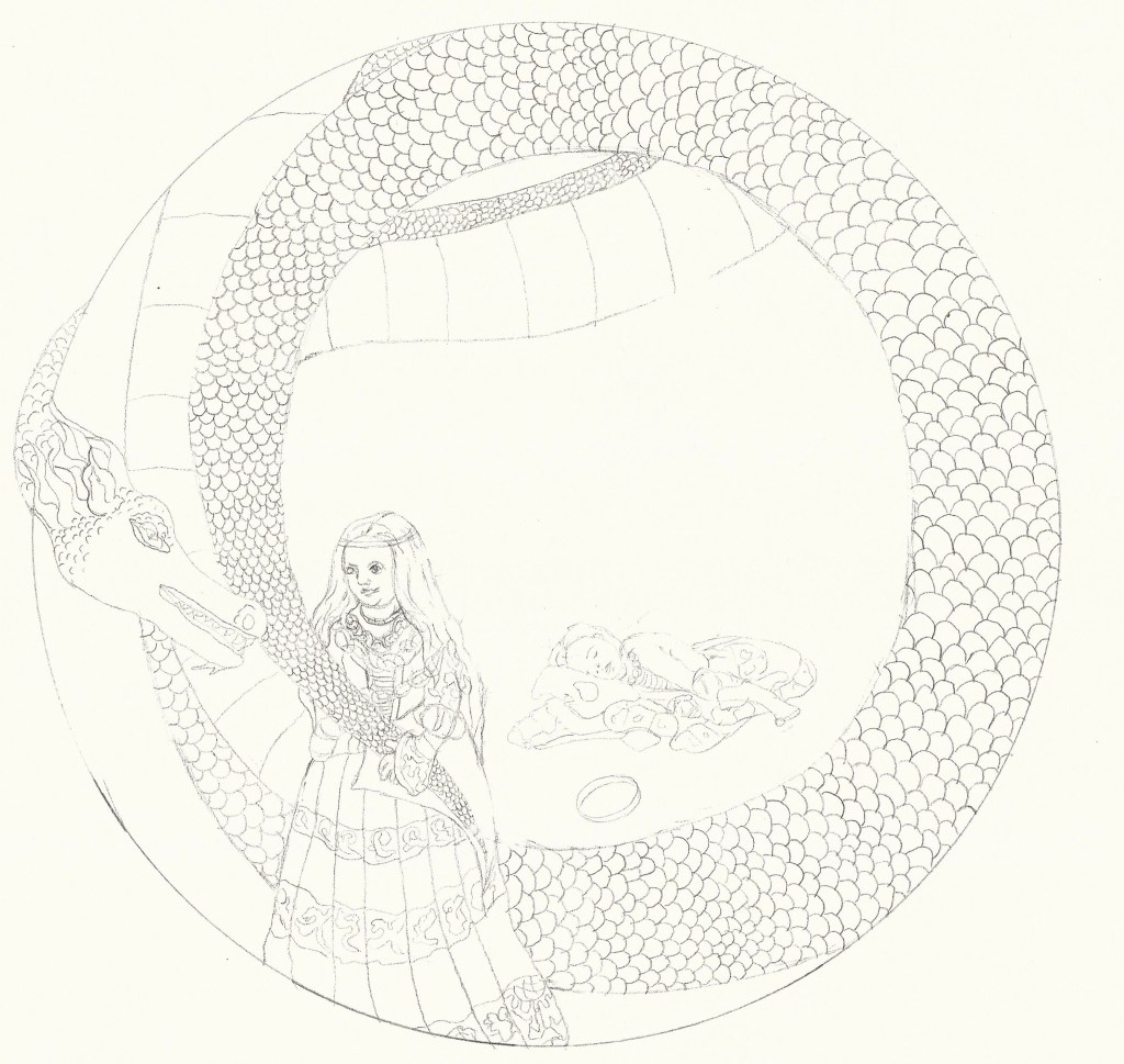 Charlie Kirkham 'Anglo Saxon Princess with a Dragon' pencil on mountboard 2022
