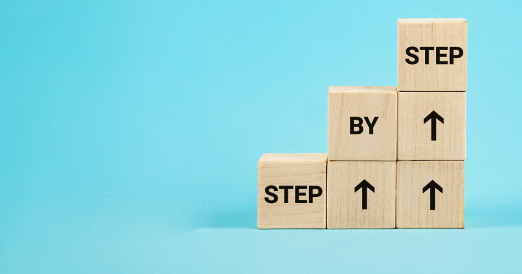 step by step spelled on blocks